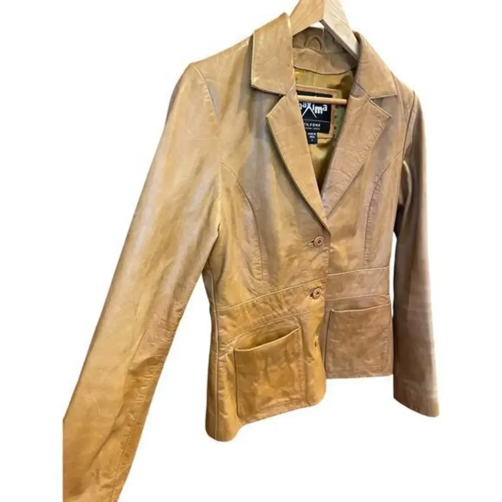 Vintage Wilson's Leather Maxima Camel Brown Button Biker Style Collared Jacket - Picture 3 of 16
